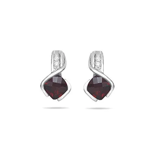 0.10 Cts Diamond & 1.40 Cts Garnet Earrings in 14K White Gold