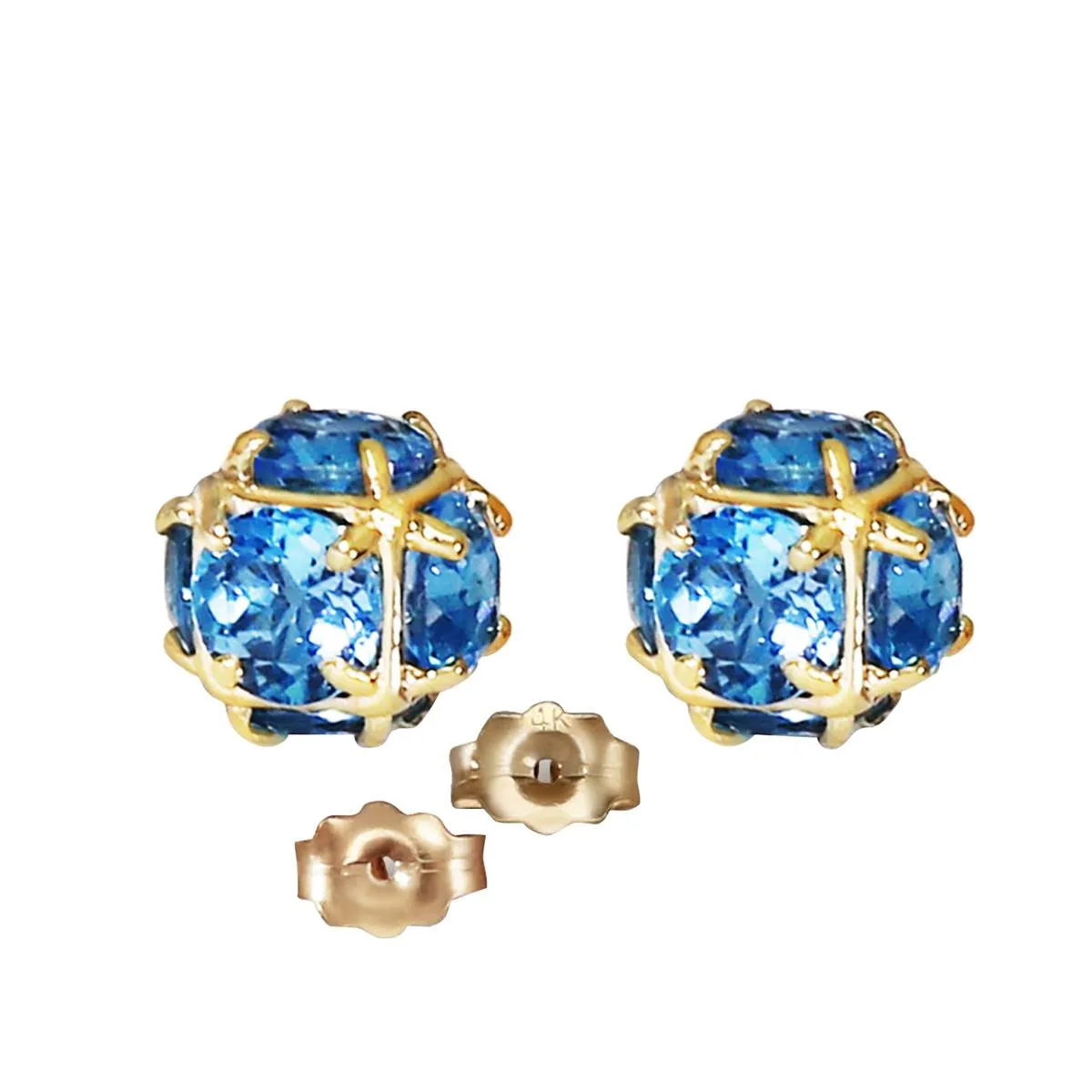14K Solid Yellow Gold Stud Earrings w/ Natural Blue Topaz