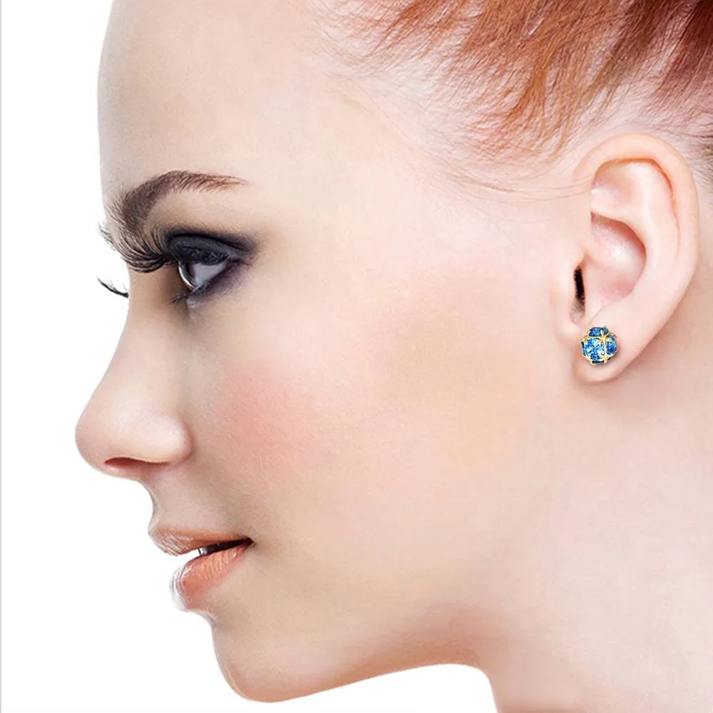 14K Solid Yellow Gold Stud Earrings w/ Natural Blue Topaz