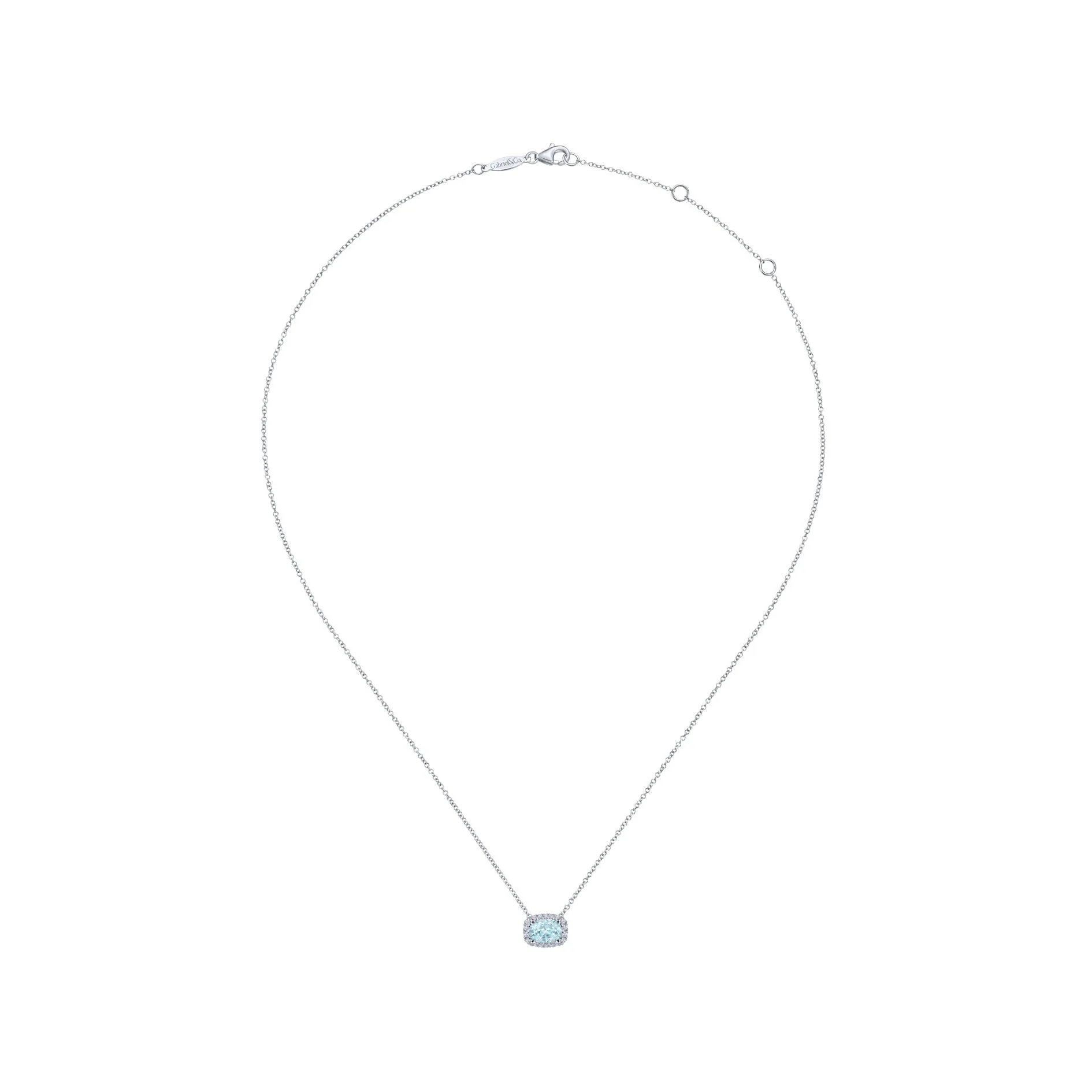 14K White Gold Diamond Rectangle Halo and Oval Aquamarine Necklace