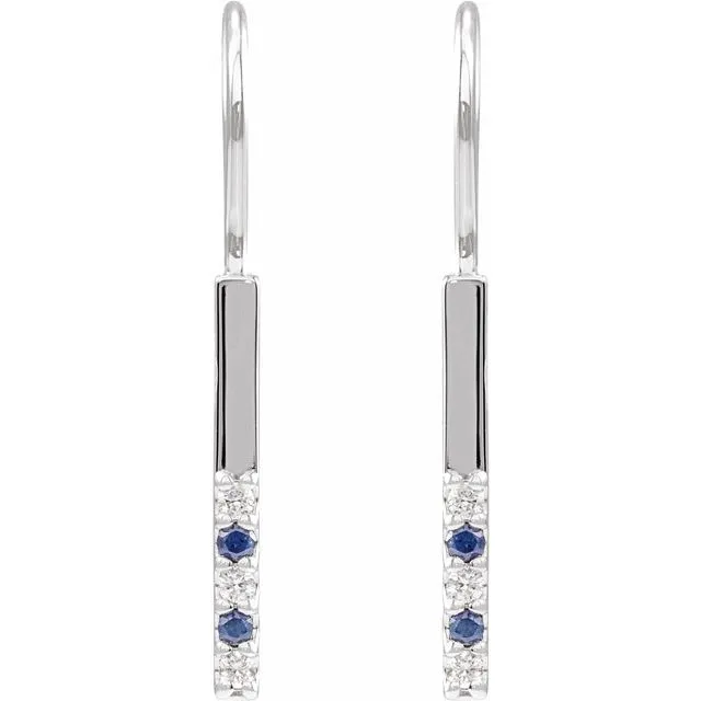 14K White Gold Natural Blue Sapphire & .08 CTW Natural Diamond Bar Earrings