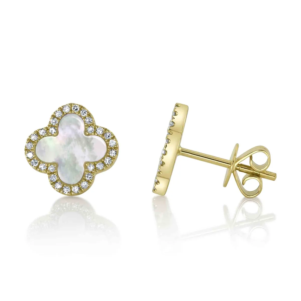 14K Yellow Gold Diamond and Mother of Pearl Clover Stud Earrings