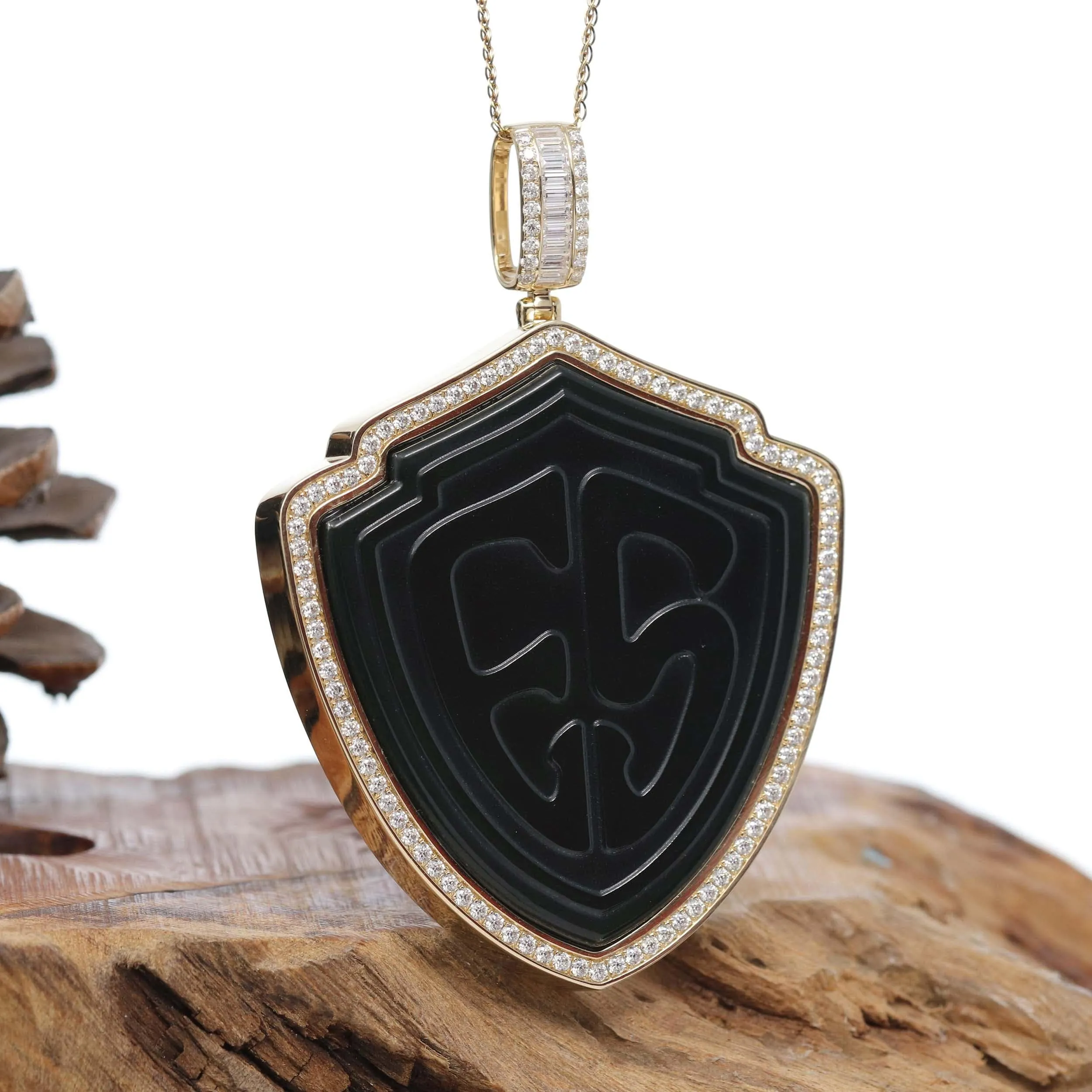 14k Yellow Gold Genuine Black Nephrite Jade "Special Pattern" Pendant With Moissanite