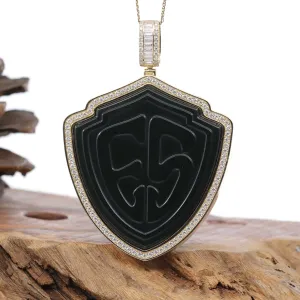 14k Yellow Gold Genuine Black Nephrite Jade "Special Pattern" Pendant With Moissanite