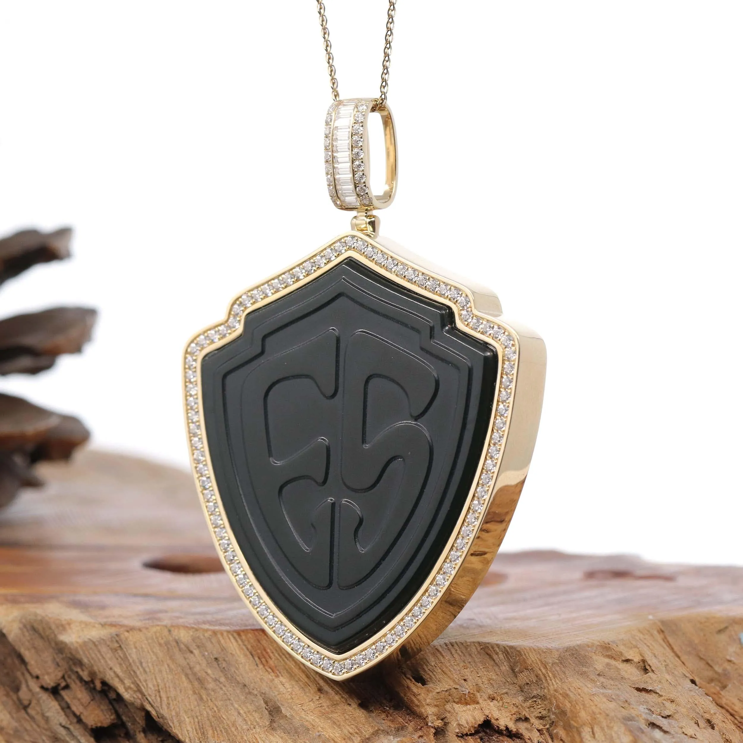 14k Yellow Gold Genuine Black Nephrite Jade "Special Pattern" Pendant With Moissanite