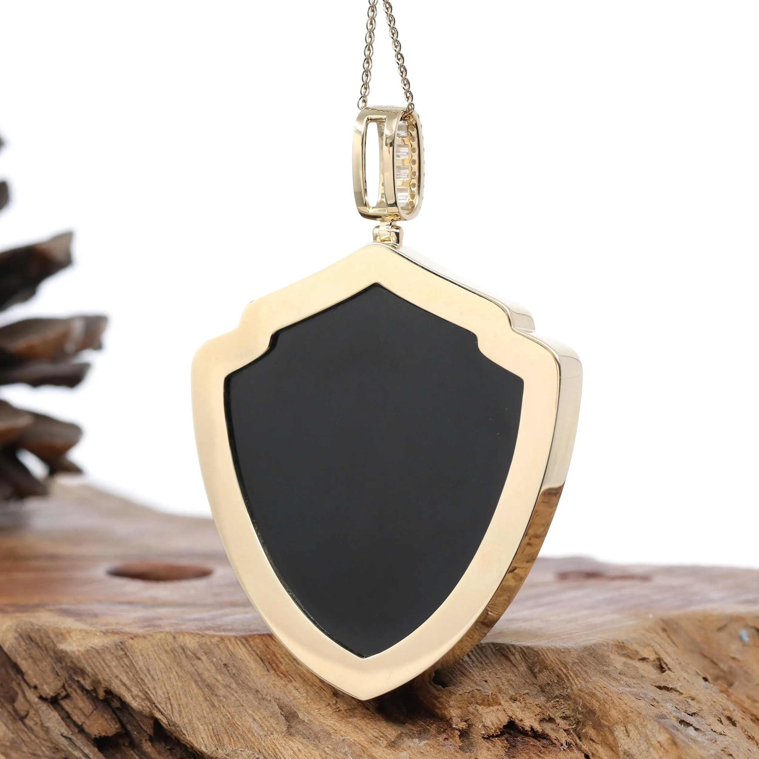 14k Yellow Gold Genuine Black Nephrite Jade "Special Pattern" Pendant With Moissanite