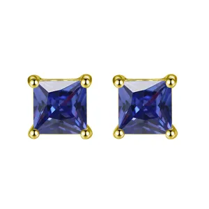 14k Yellow Gold Plated 1/2 Carat Square Created Blue Sapphire Stud Earrings