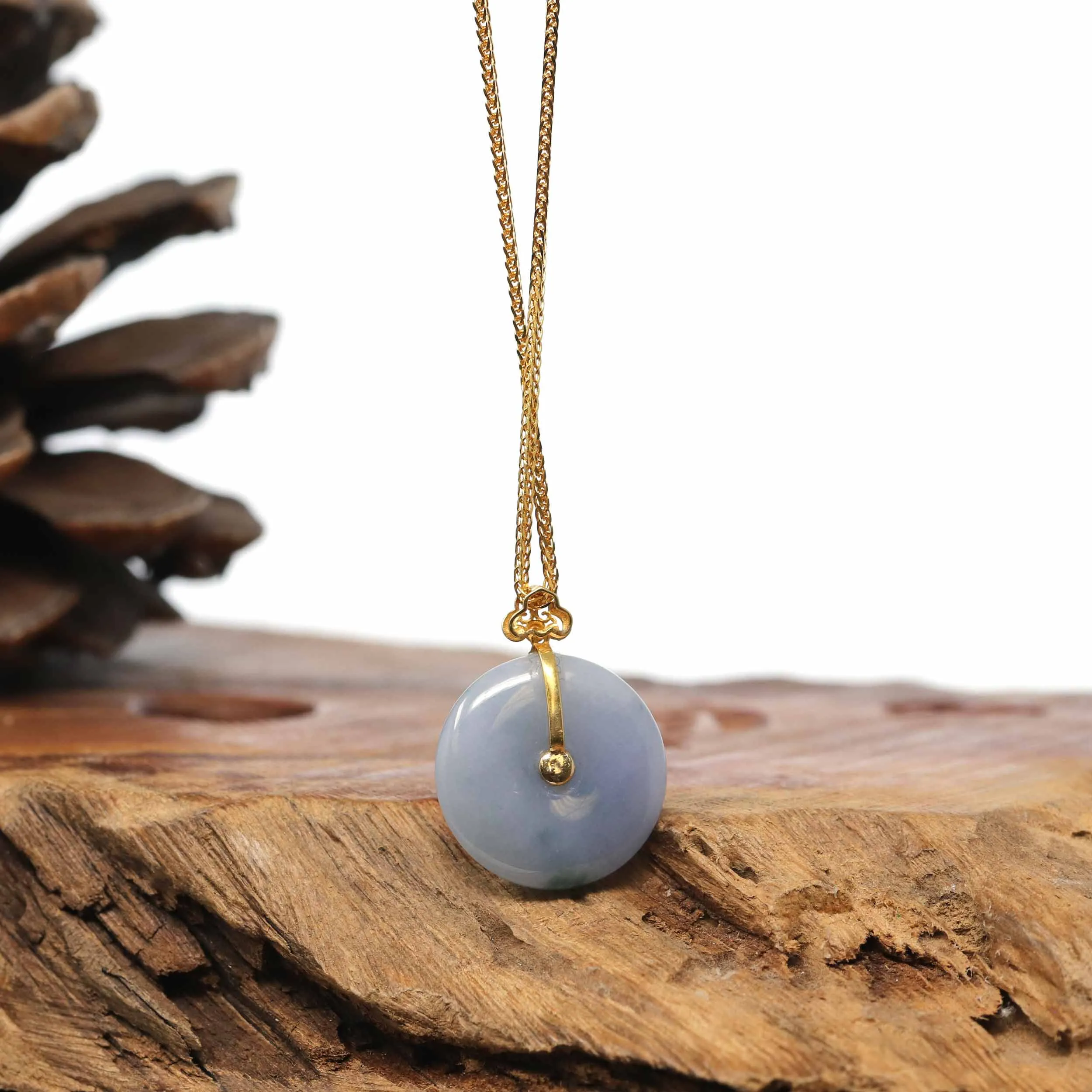 14K Yellow Gold "Good Luck Button" Necklace Lavender Green Jadeite Jade Pendant Necklace