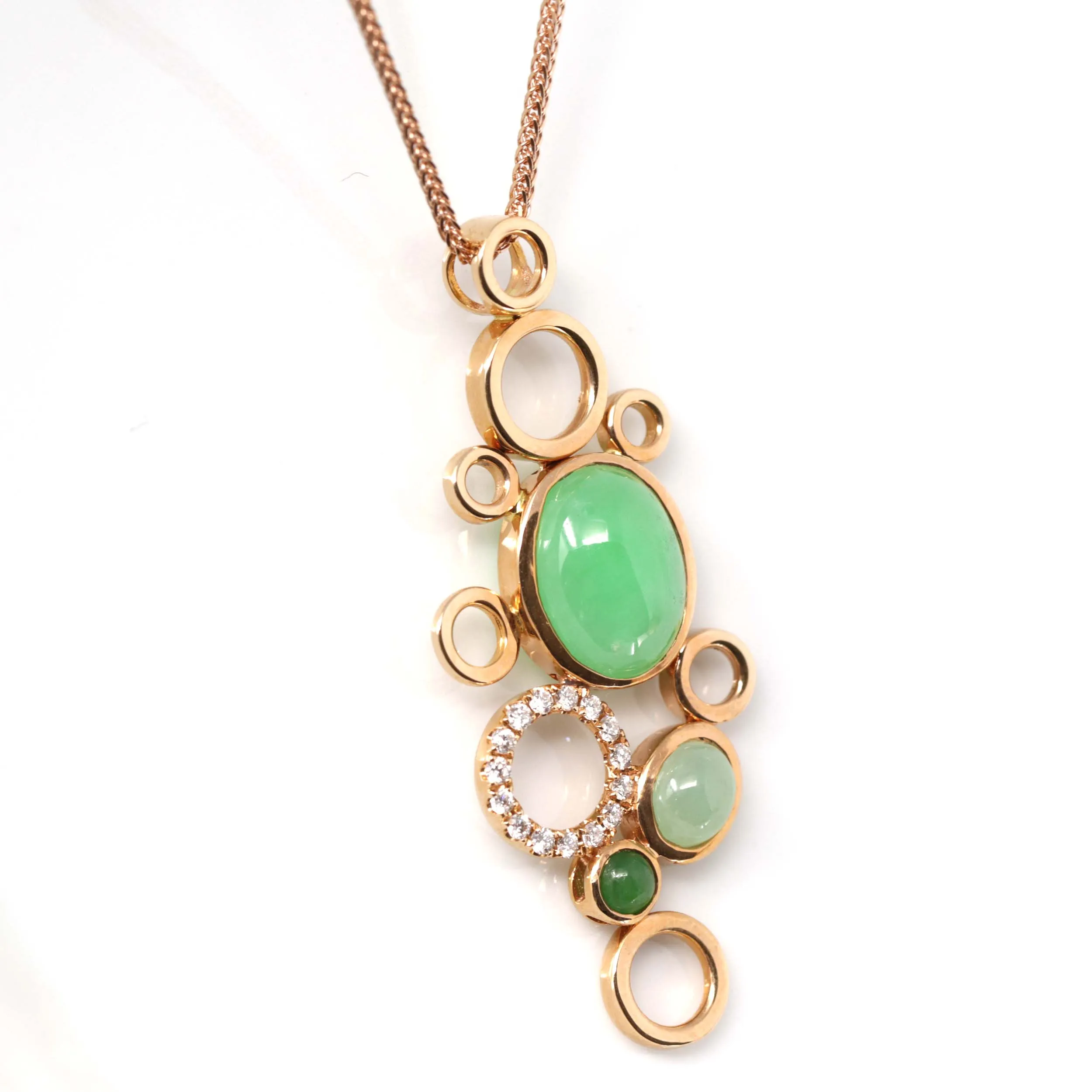 18k Rose Gold Jadeite Jade Diamond Bubble Pendant Necklace