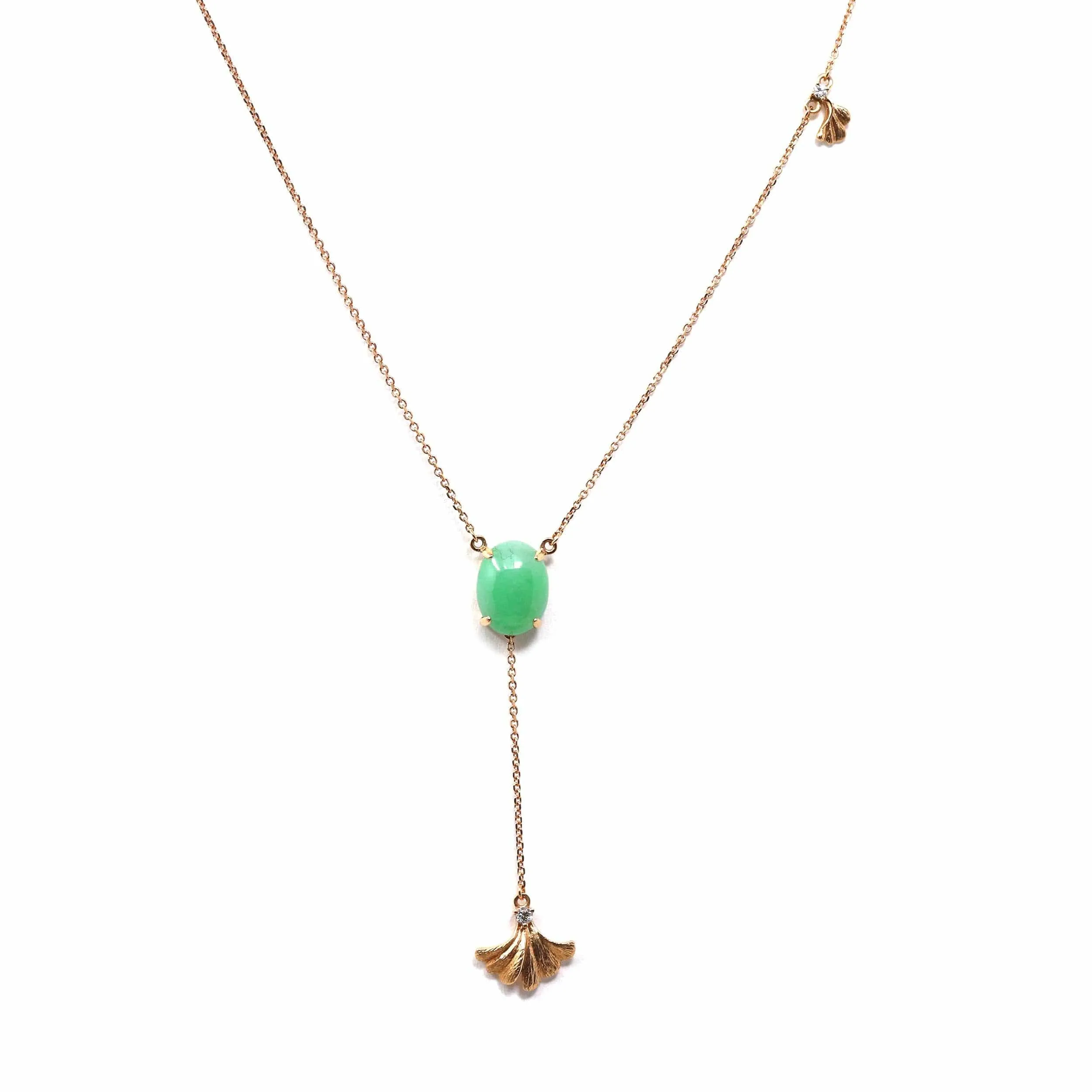 18k Rose Gold Jadeite Jade Ginkgo Leaf Pendant Necklace with Diamond