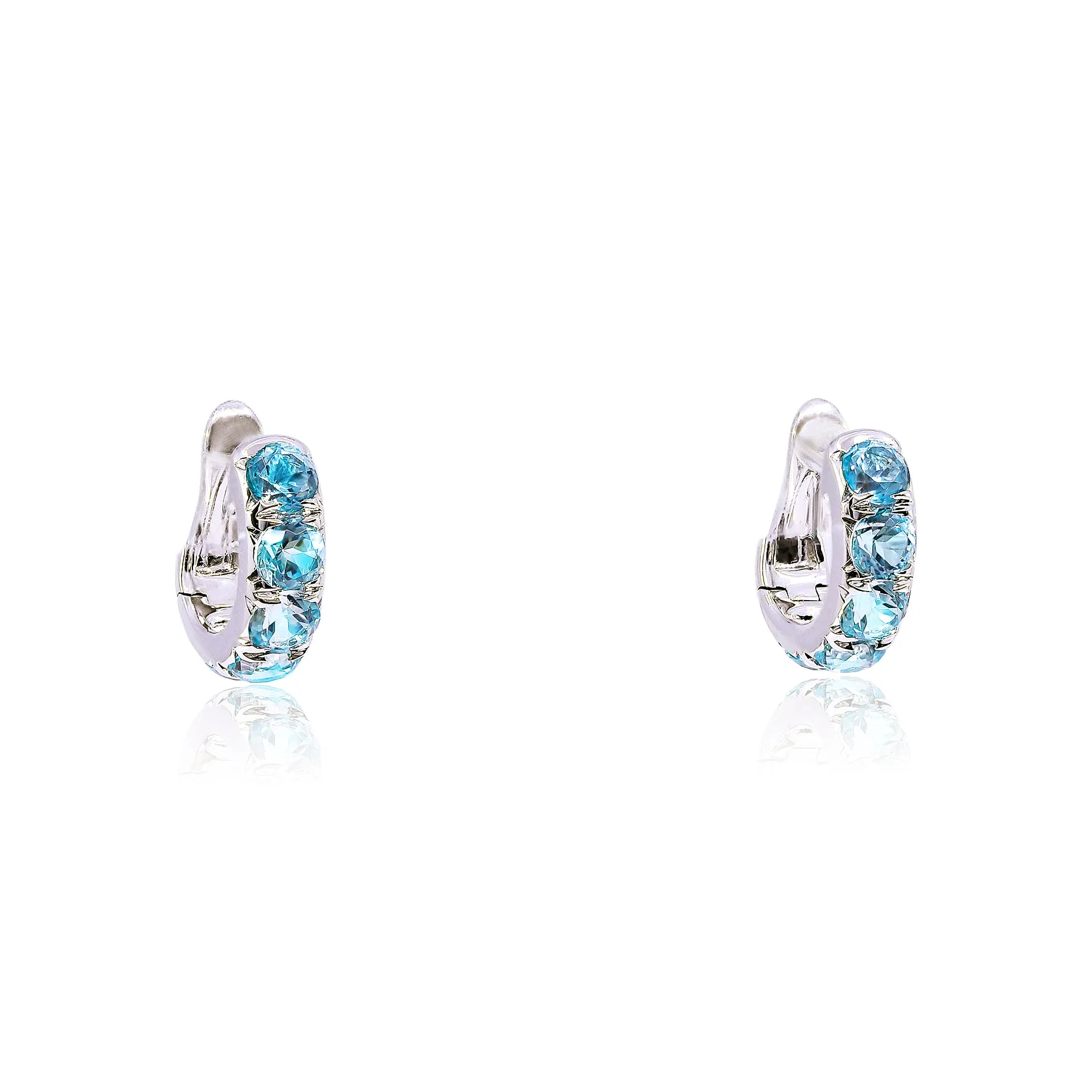 18K WHITE GOLD BLUE TOPAZ HUGGIE HOOP EARRINGS