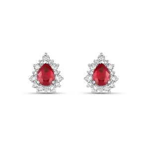 18K White Gold Pear Shaped Ruby Stud Earrings with Diamond Halo