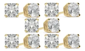 18k Yellow Gold 1/2Ct Cushion Cut White Sapphire Set Of Five Stud Earrings Plated