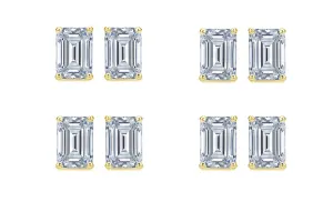 18k Yellow Gold 2Ct Emerald Cut White Sapphire Set Of Four Stud Earrings Plated