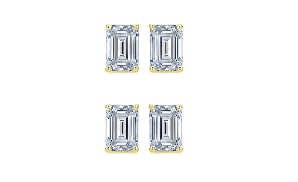 18k Yellow Gold 6mm 1Ct Emerald Cut White Sapphire Set Of Two Stud Earrings Plated