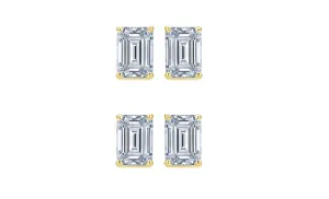18k Yellow Gold 6mm 1Ct Emerald Cut White Sapphire Set Of Two Stud Earrings Plated