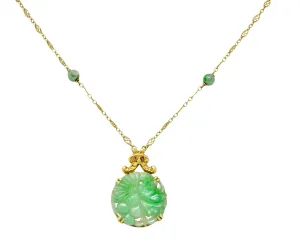1940's Retro Carved Jade 14 Karat Gold Floral Pendant Necklace