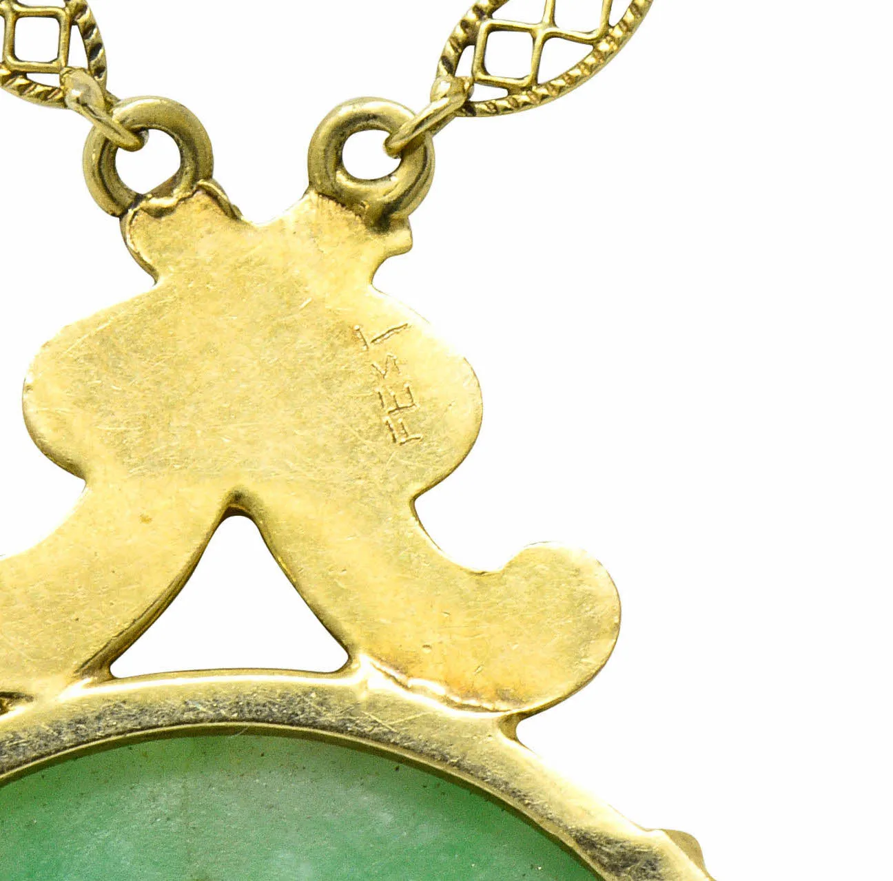 1940's Retro Carved Jade 14 Karat Gold Floral Pendant Necklace