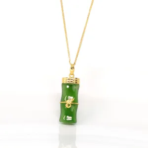 24k Yellow Gold Genuine Nephrite Apple Green Jade Bamboo Pendant Necklace