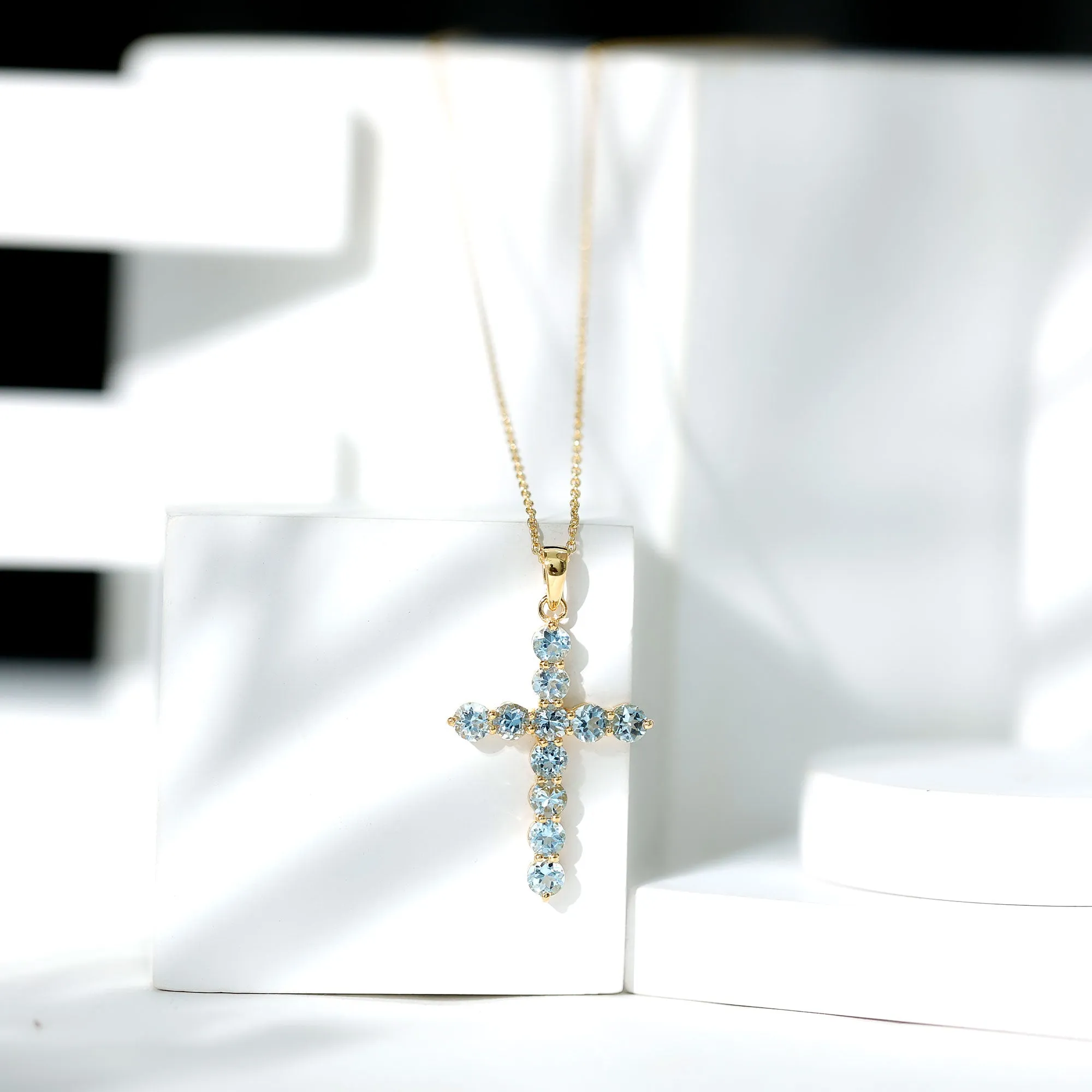 2.75 CT Natural Aquamarine Cross Pendant Necklace