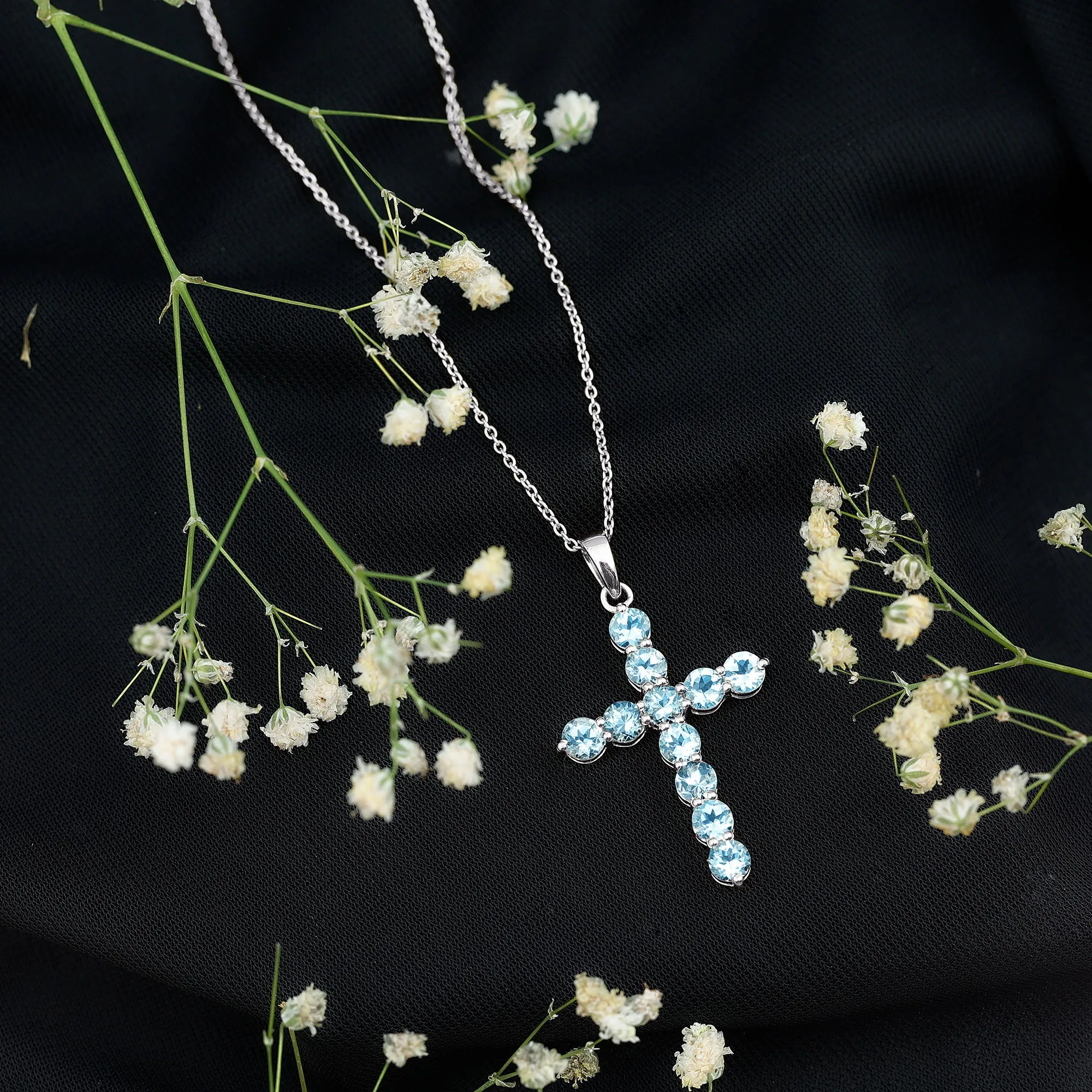 2.75 CT Natural Aquamarine Cross Pendant Necklace