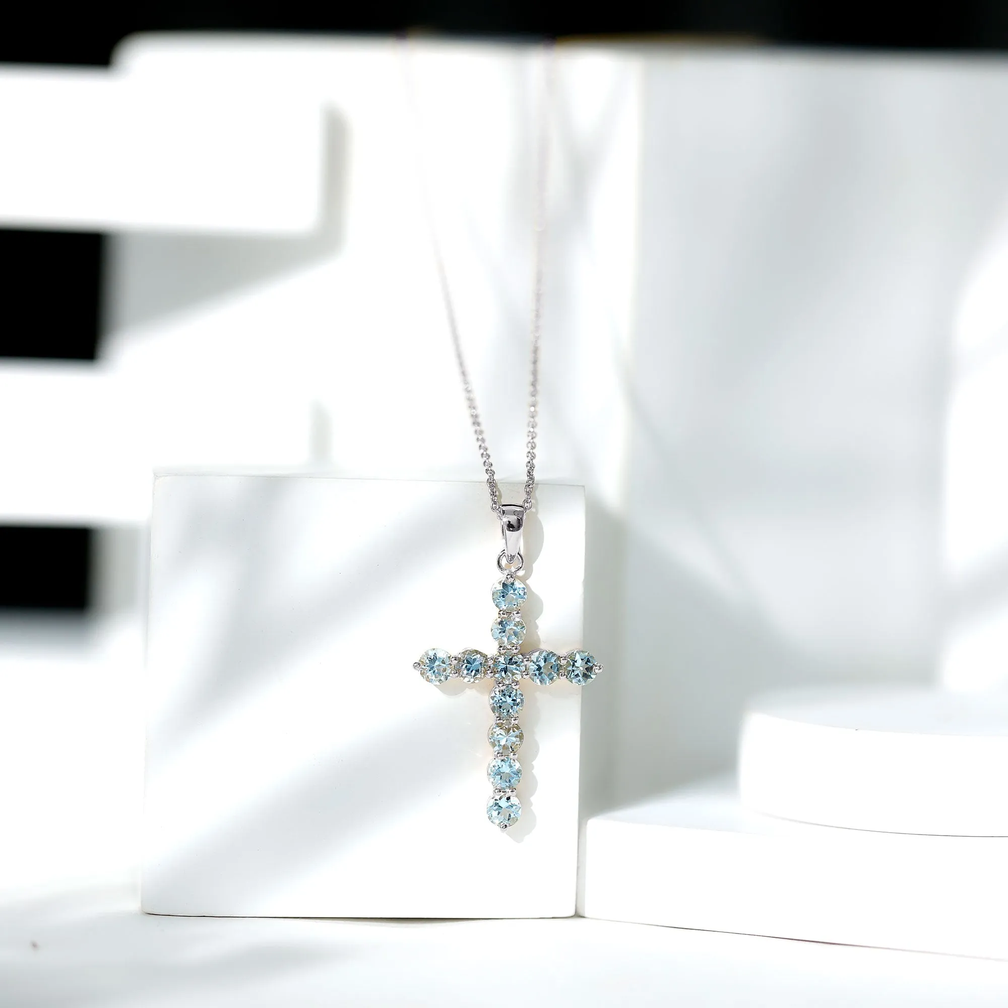 2.75 CT Natural Aquamarine Cross Pendant Necklace
