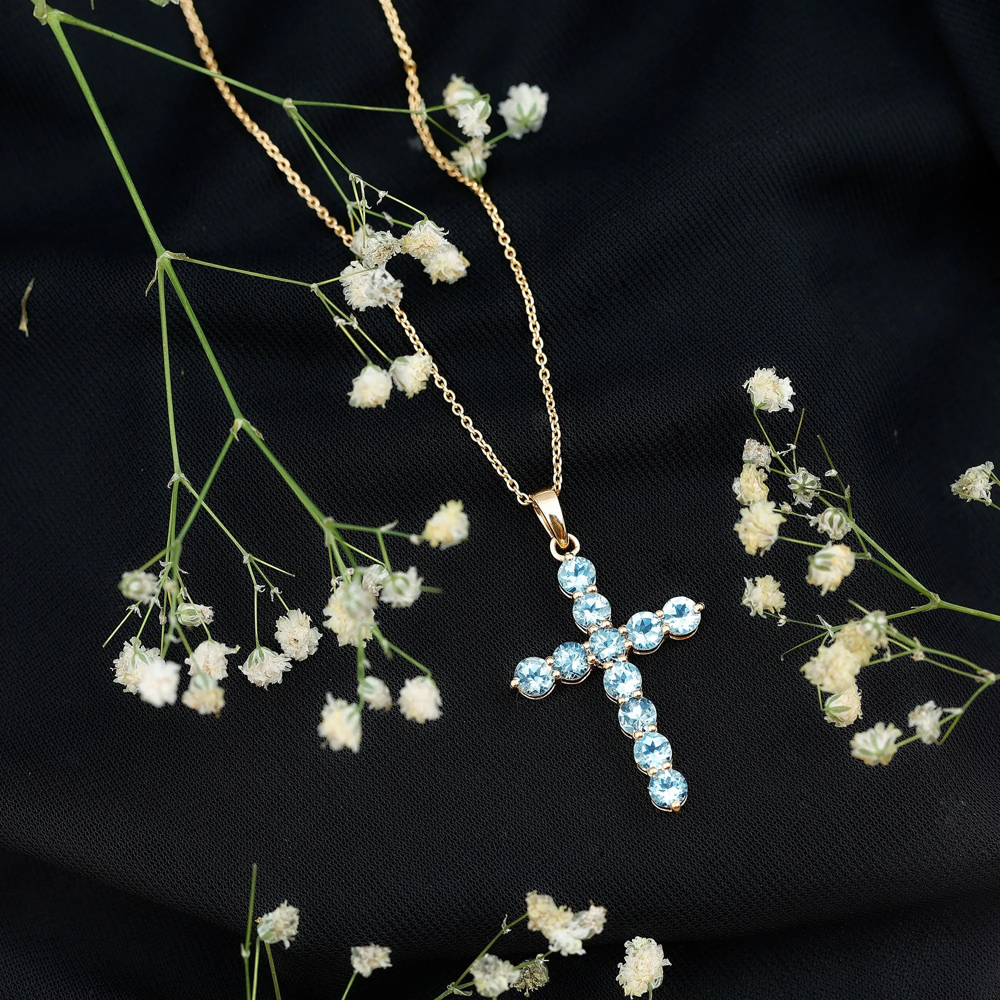 2.75 CT Natural Aquamarine Cross Pendant Necklace