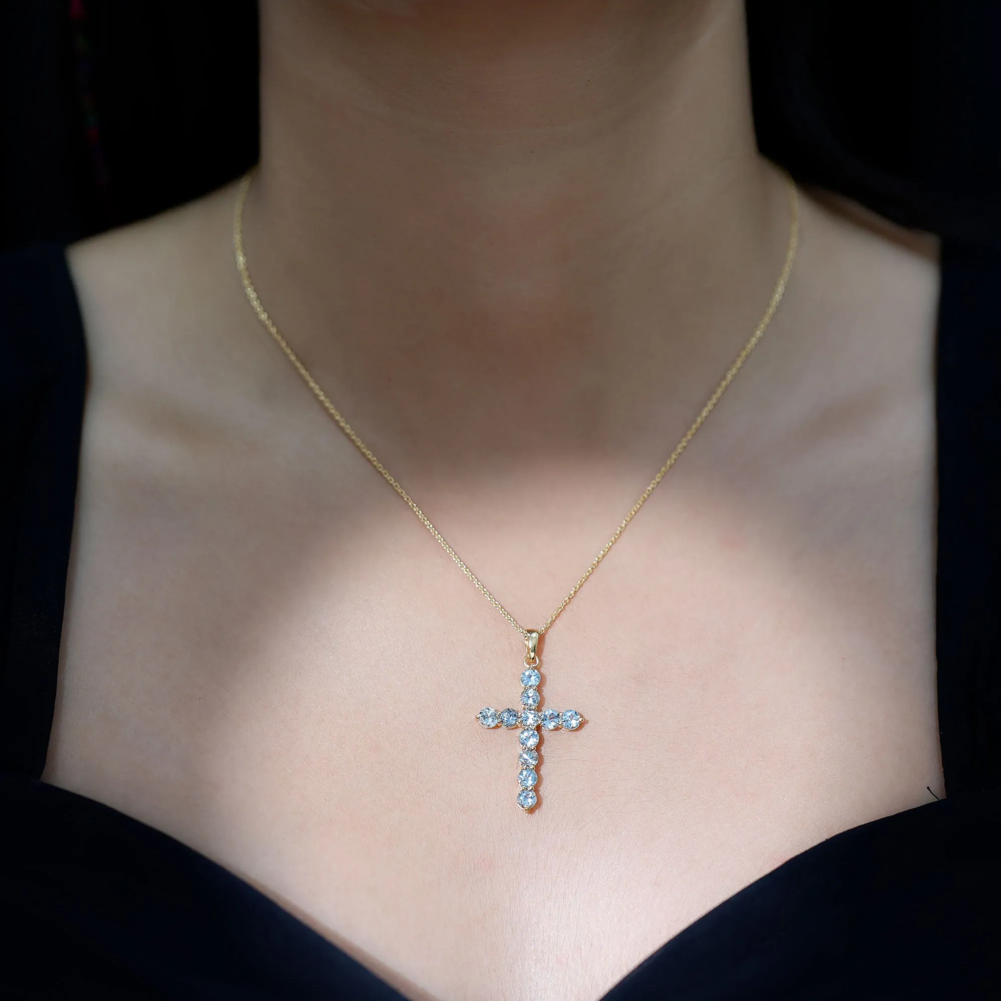 2.75 CT Natural Aquamarine Cross Pendant Necklace