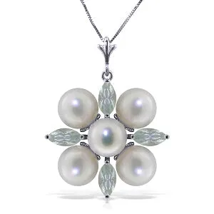 6.3 Carat 14K Solid White Gold Kissing Spree Aquamarine Pearl Necklace