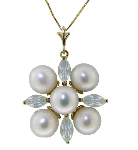 6.3 Carat 14K Solid White Gold Kissing Spree Aquamarine Pearl Necklace