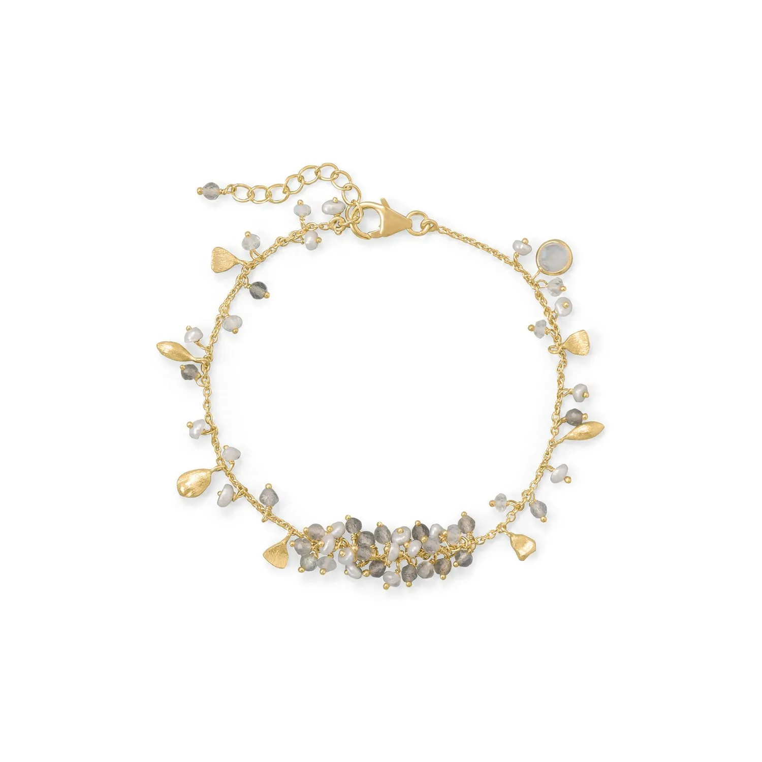 7" 1" 14 Karat Gold Plated Rainbow Moonstone, Labradorite and Pearl Bracelet