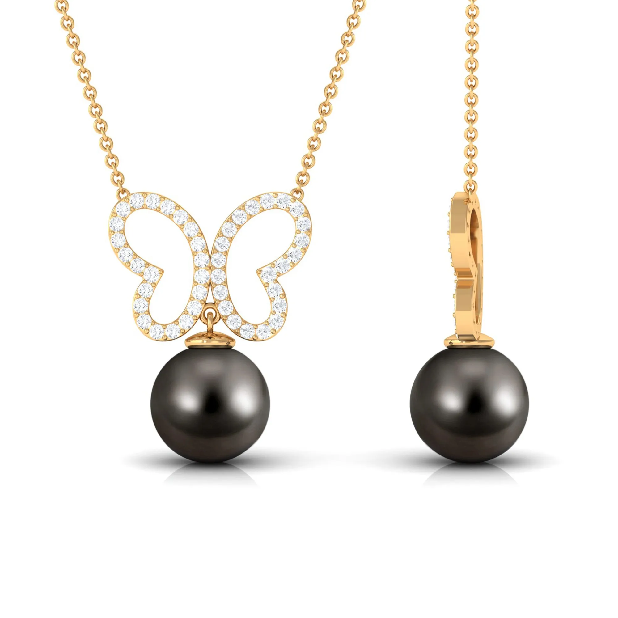 8 CT Tahitian Pearl and Moissanite Butterfly Drop Necklace in Gold