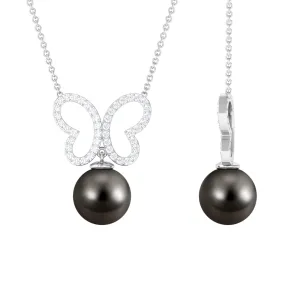 8 CT Tahitian Pearl and Moissanite Butterfly Drop Necklace in Gold