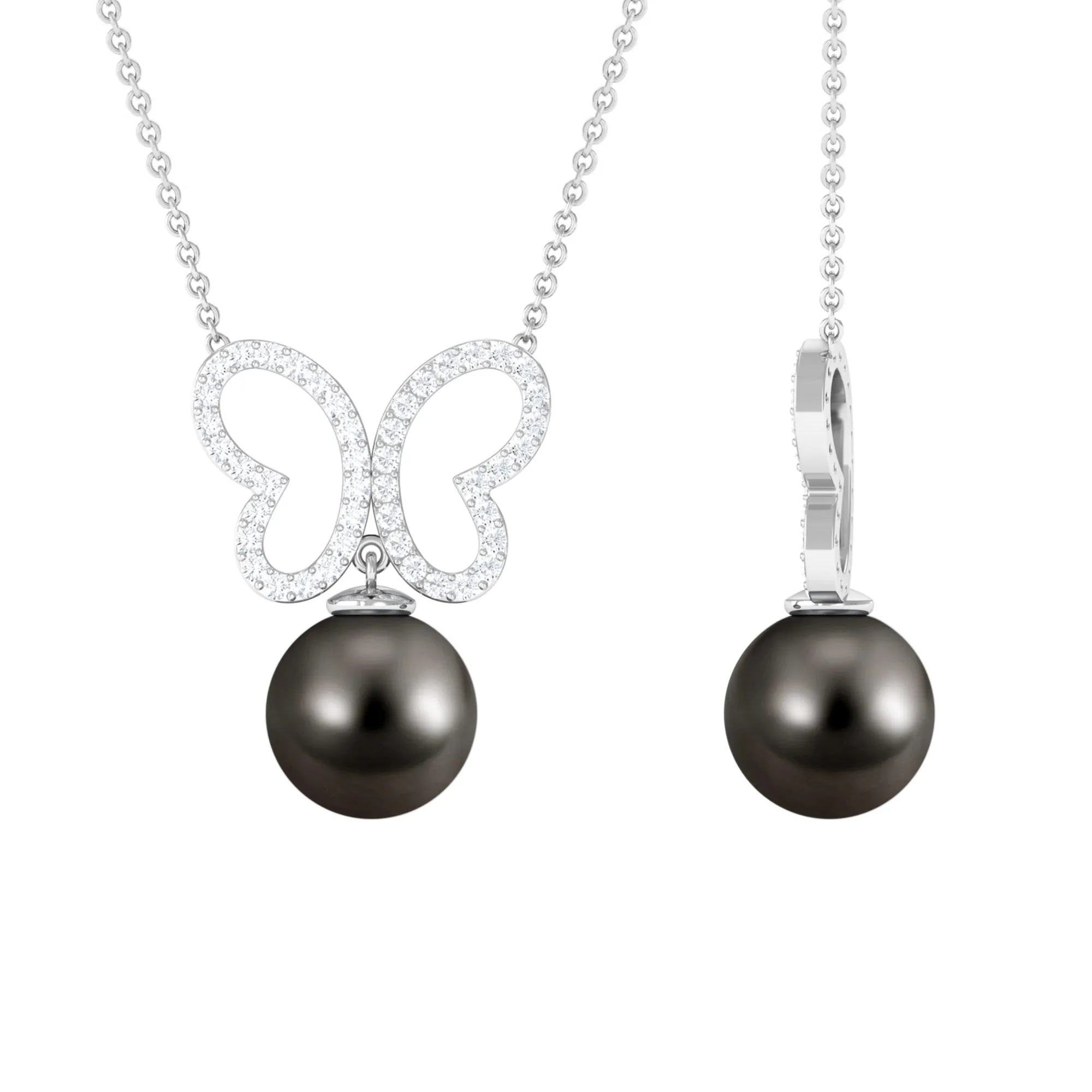 8 CT Tahitian Pearl and Moissanite Butterfly Drop Necklace in Gold