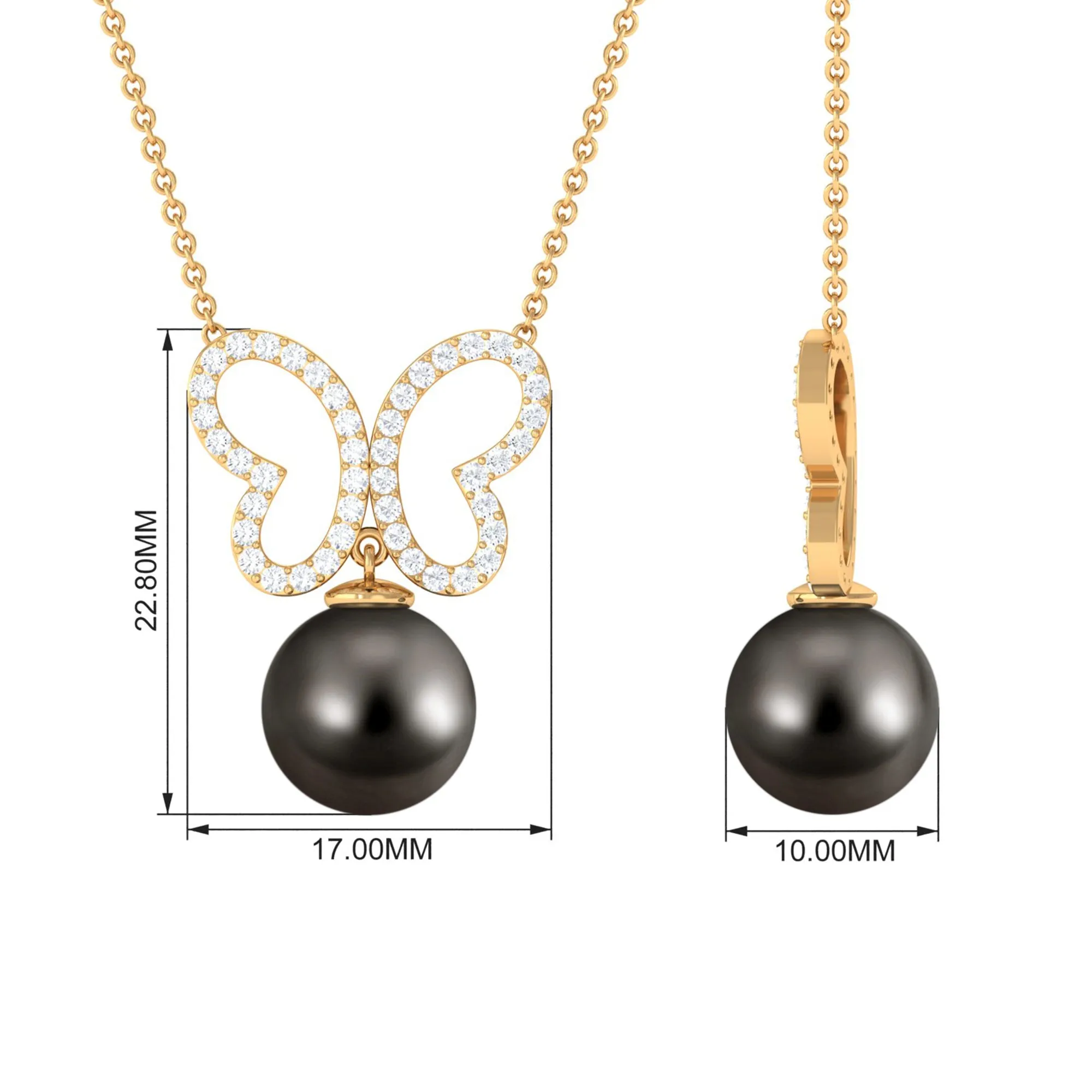 8 CT Tahitian Pearl and Moissanite Butterfly Drop Necklace in Gold