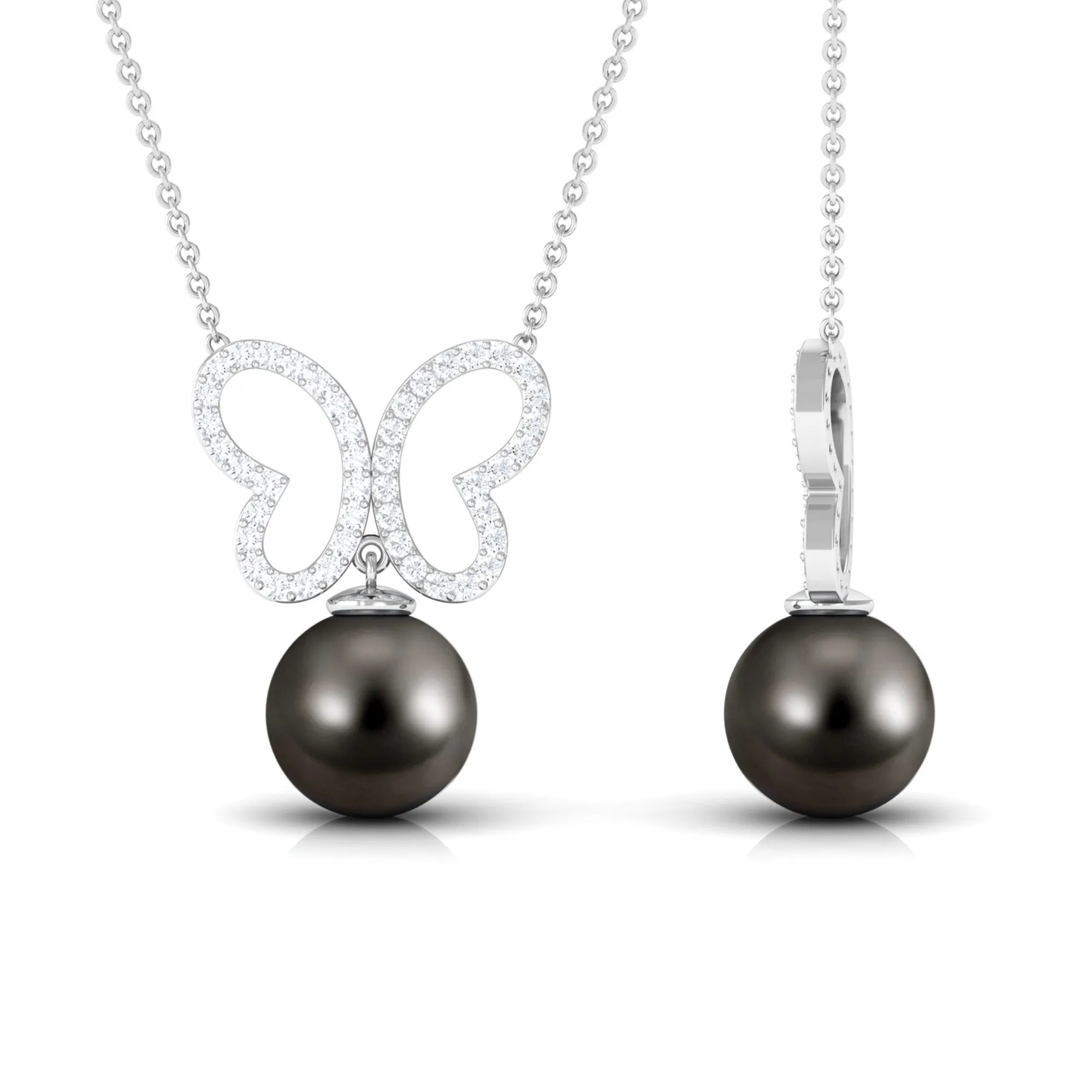 8 CT Tahitian Pearl and Moissanite Butterfly Drop Necklace in Gold