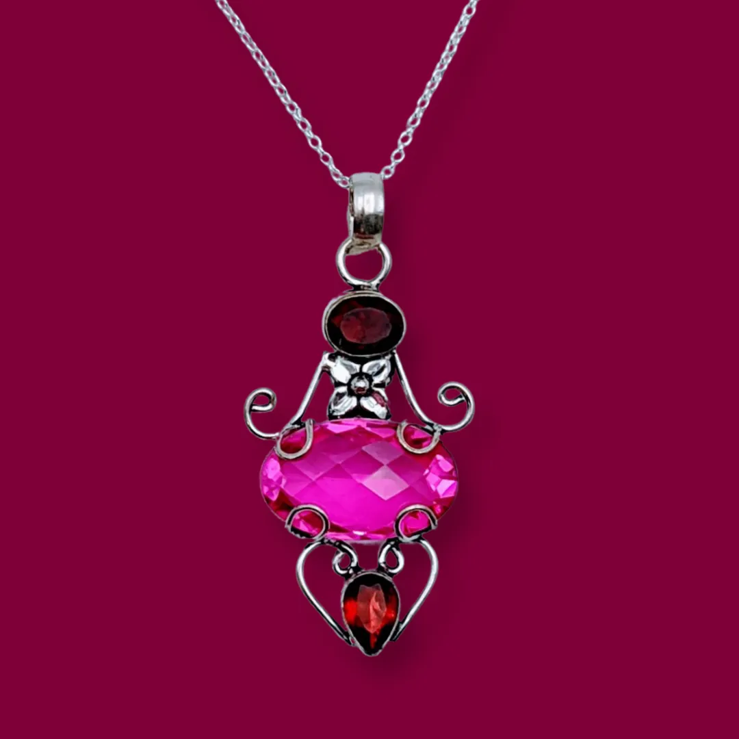 925 Sterling Silver, Garnet & Pink Topaz, Necklace