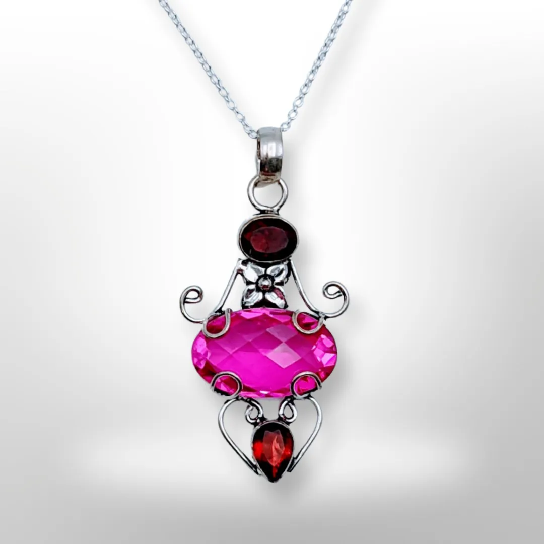925 Sterling Silver, Garnet & Pink Topaz, Necklace