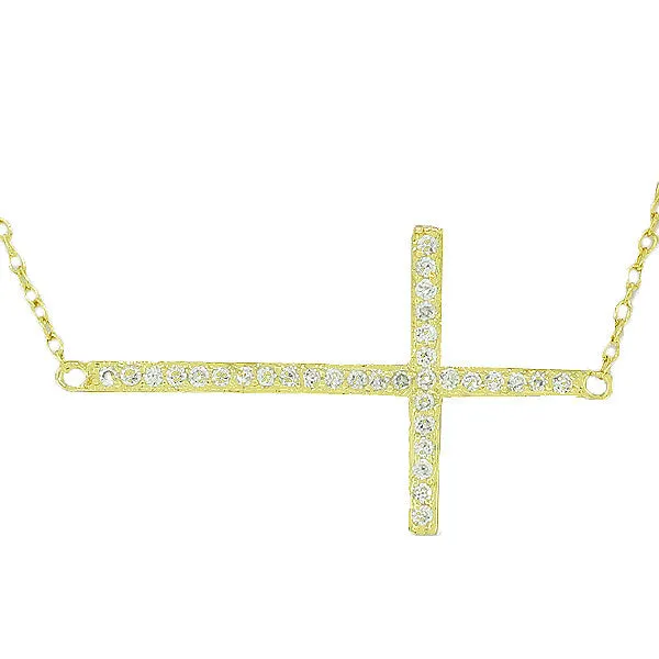 925 Sterling Silver Gold-Tone Sideways Cross White CZ Necklace Bracelet Set