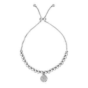 Adjustable Bead Bracelet Round Charm Cubic Zirconias Sterling Silver