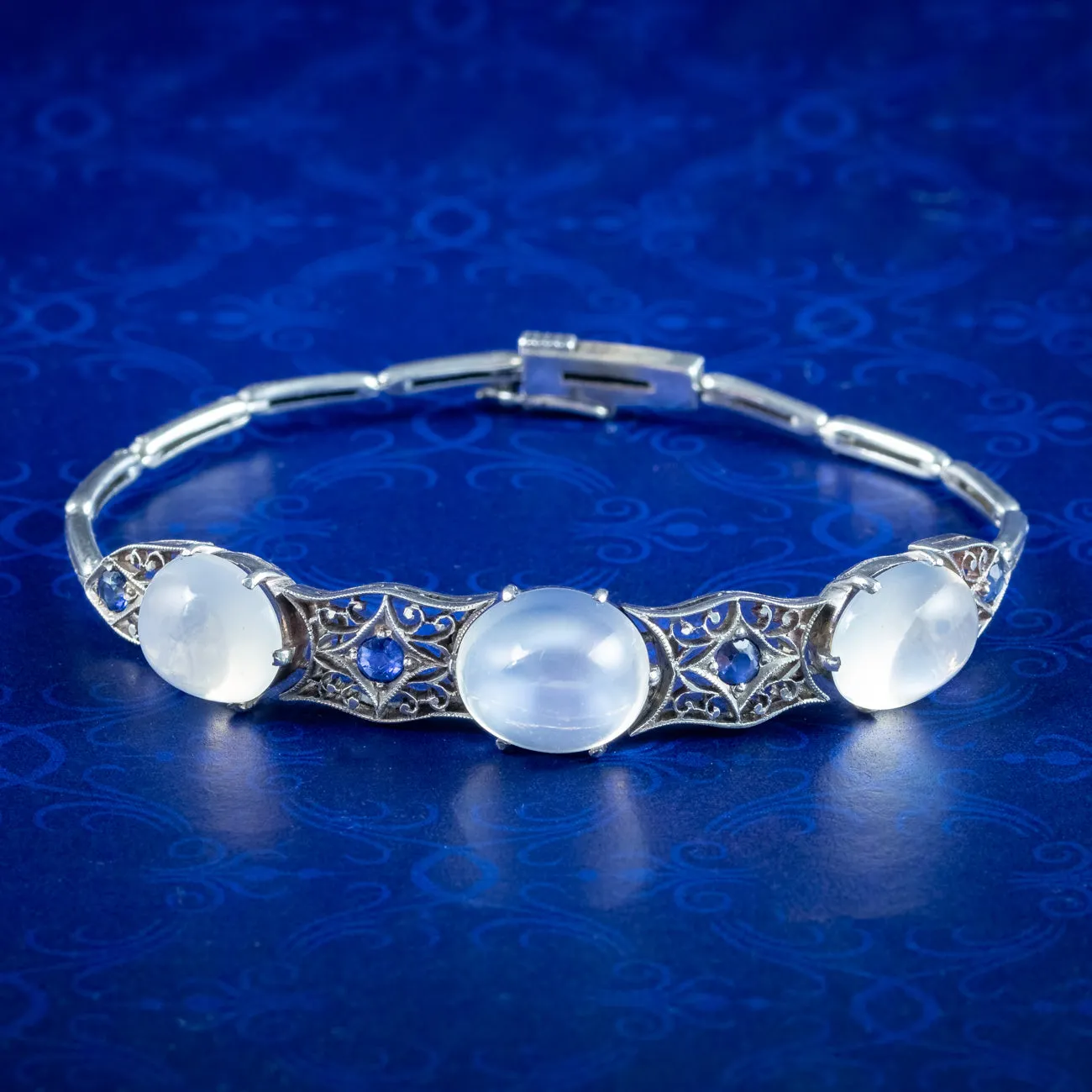 Antique Art Deco Moonstone Sapphire Bracelet Silver