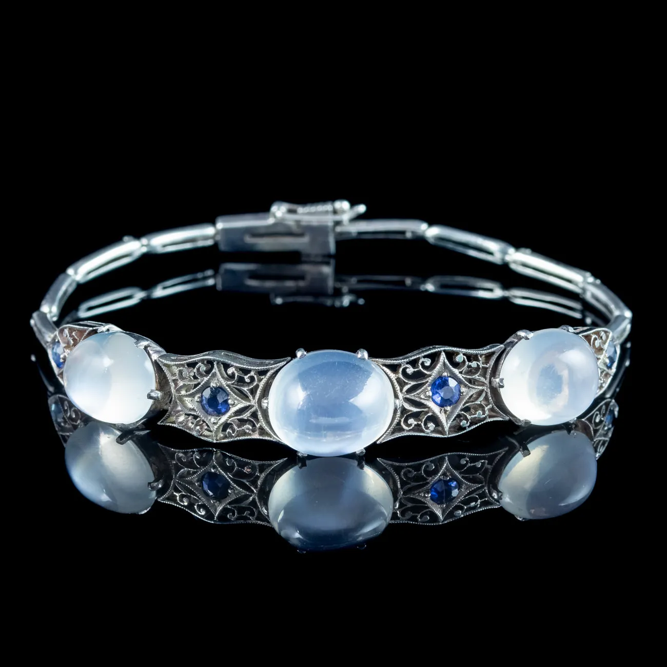 Antique Art Deco Moonstone Sapphire Bracelet Silver