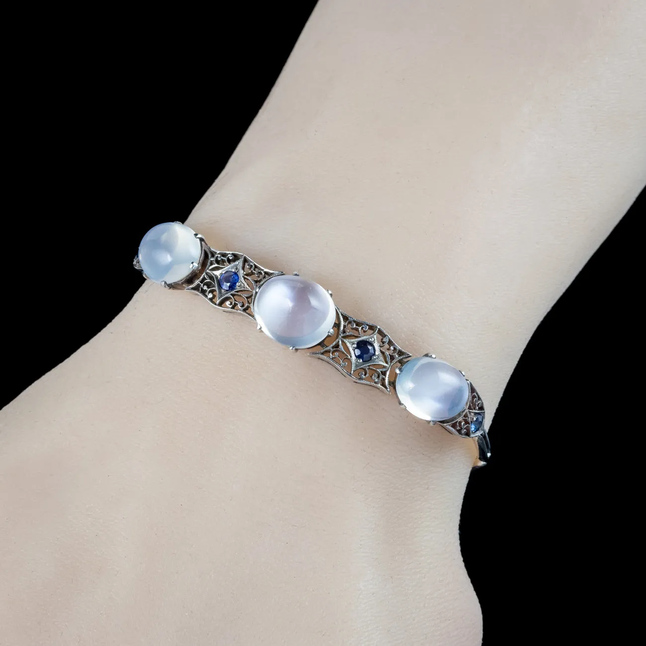 Antique Art Deco Moonstone Sapphire Bracelet Silver