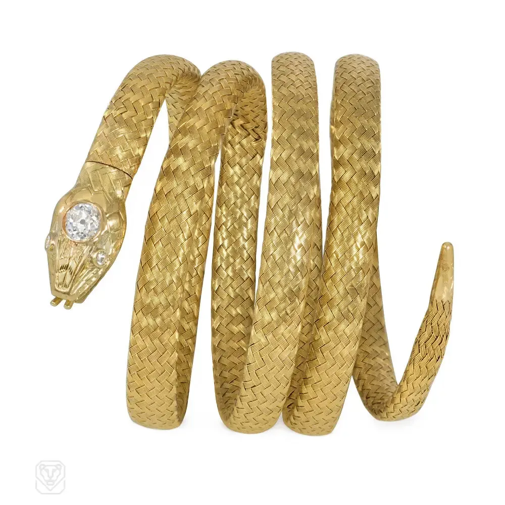 Antique French gold and diamond snake bracelet