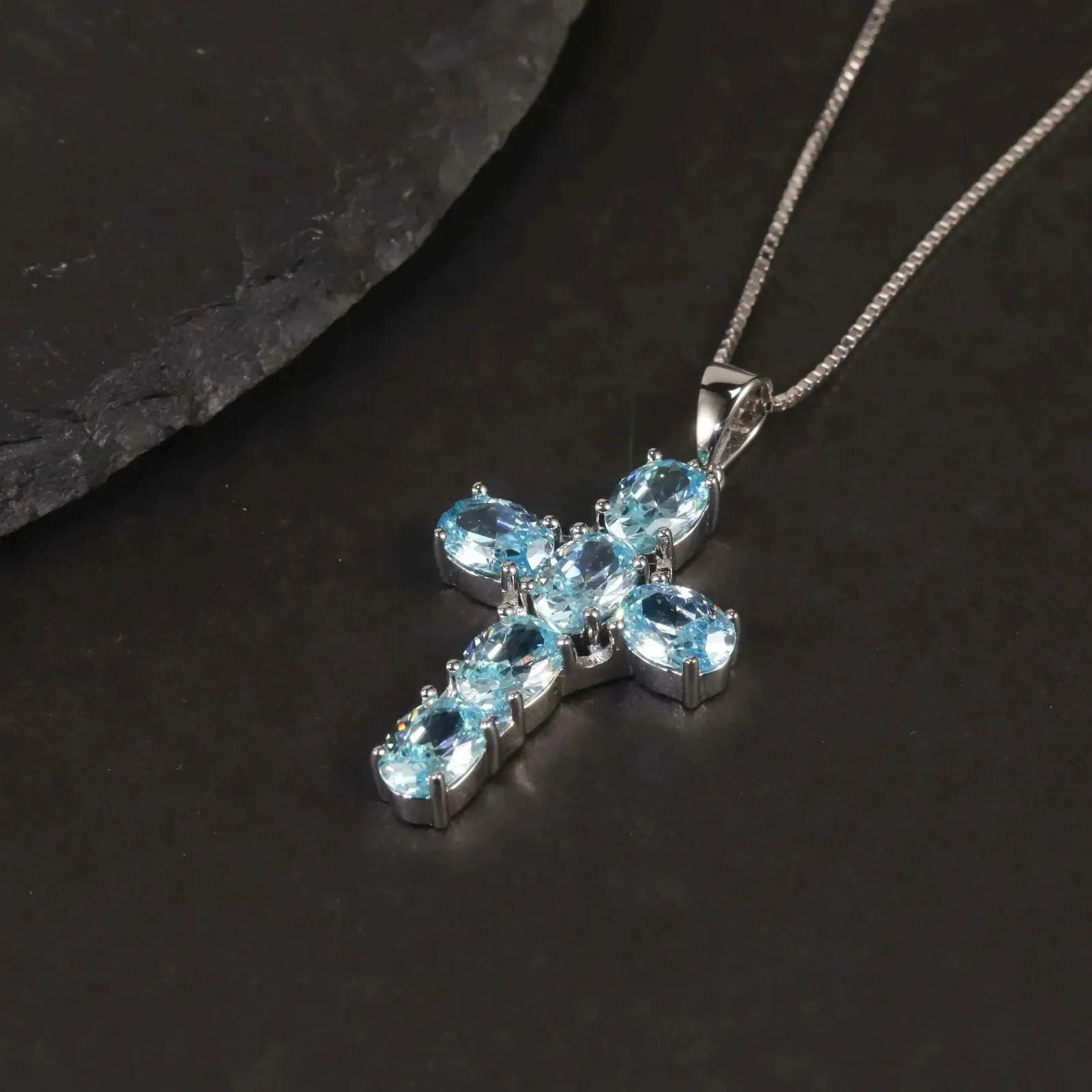 Aquamarine Cross Pendant Necklace in 925 Sterling Silver - Irosk Australia ®