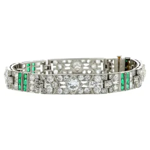 Art Deco Platinum Diamond and Emerald Bracelet