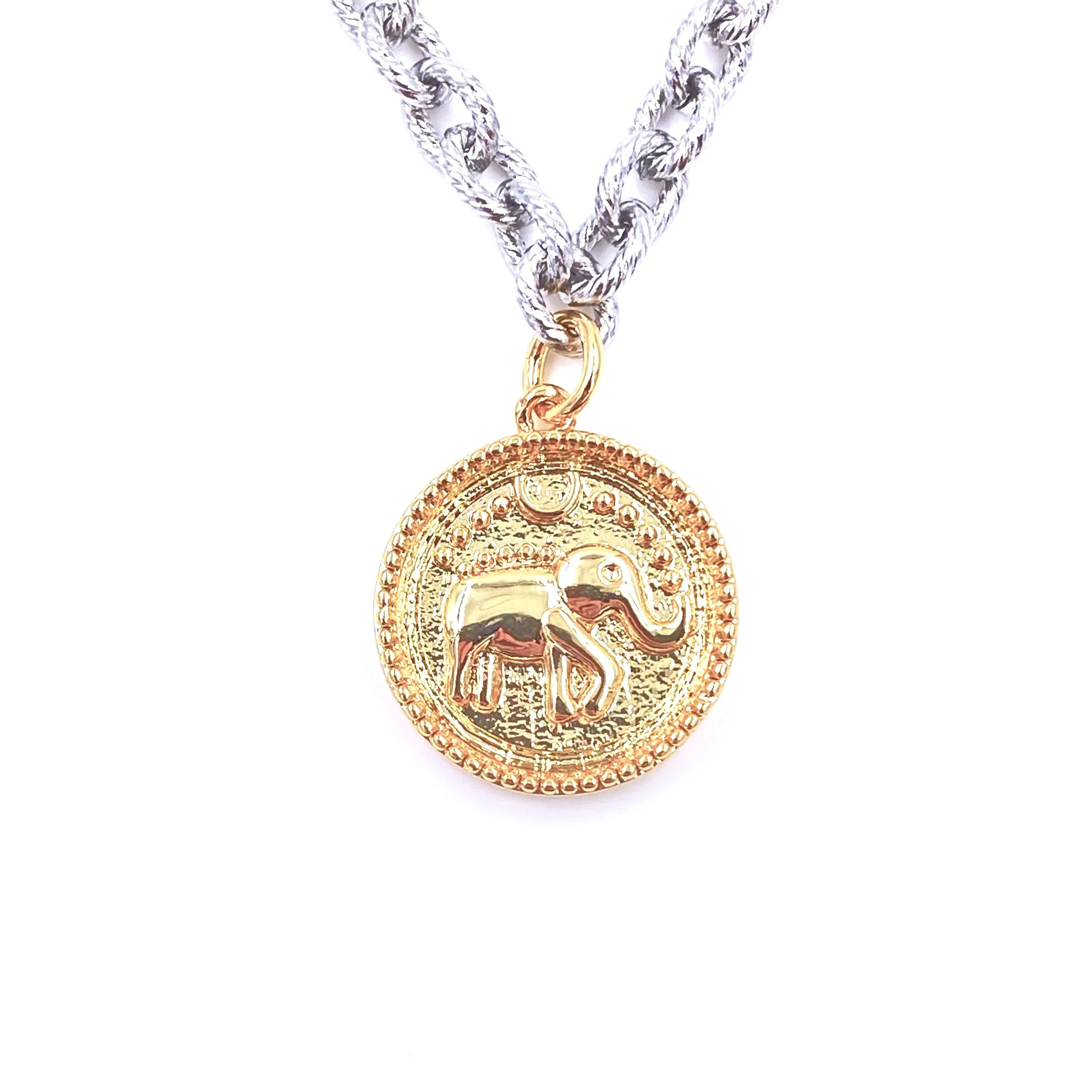 Ashley Gold Stainless Steel Diamond Cut Chain And Elephant Coin Pendant Necklace