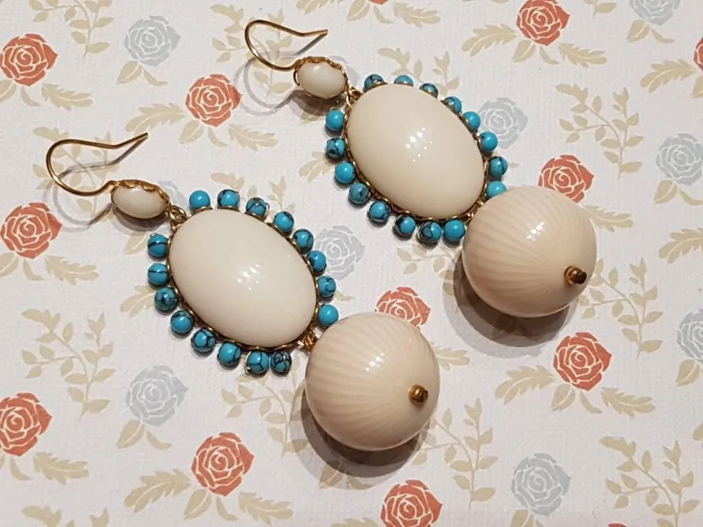 Askew London Cream Turquoise Glass Chandelier Earrings Unsigned