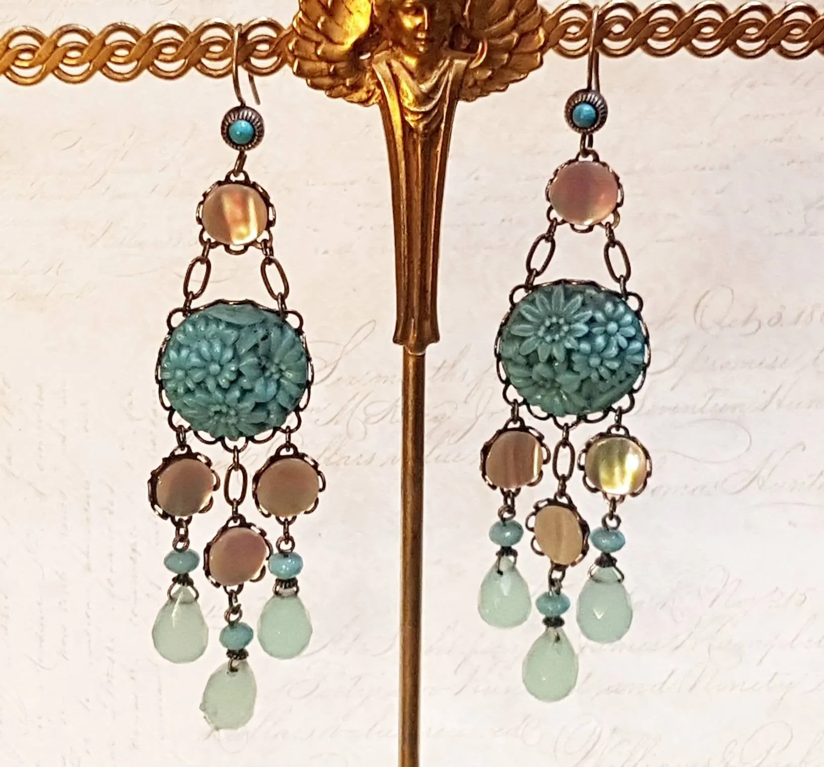 Askew London Earrings Chandelier Turqusoise Vintage Glass Mother of Pearl Silver Unsigned