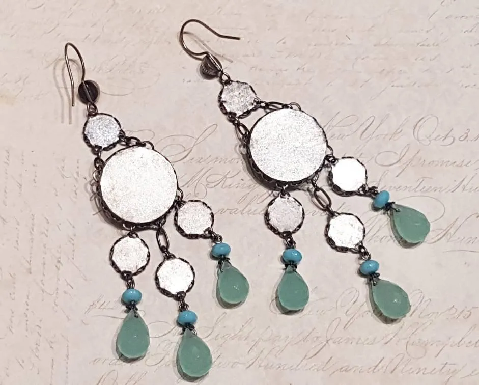 Askew London Earrings Chandelier Turqusoise Vintage Glass Mother of Pearl Silver Unsigned